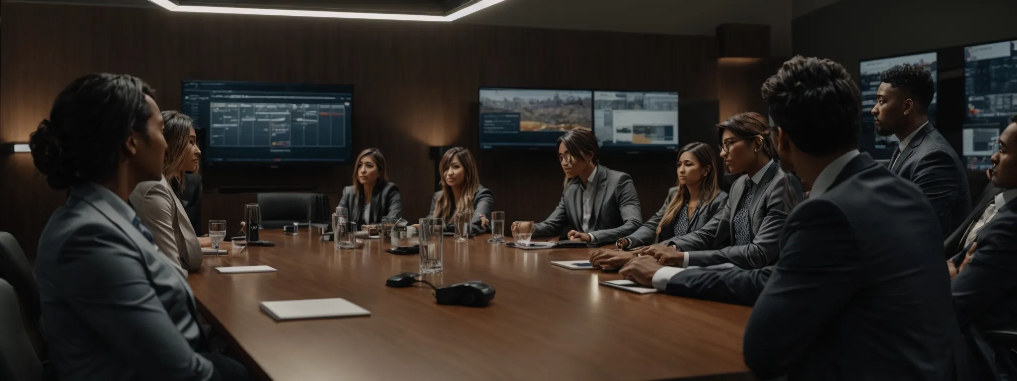 a team gathered around a modern conference table, deeply engaged in strategizing over a digital marketing plan displayed on a large screen.