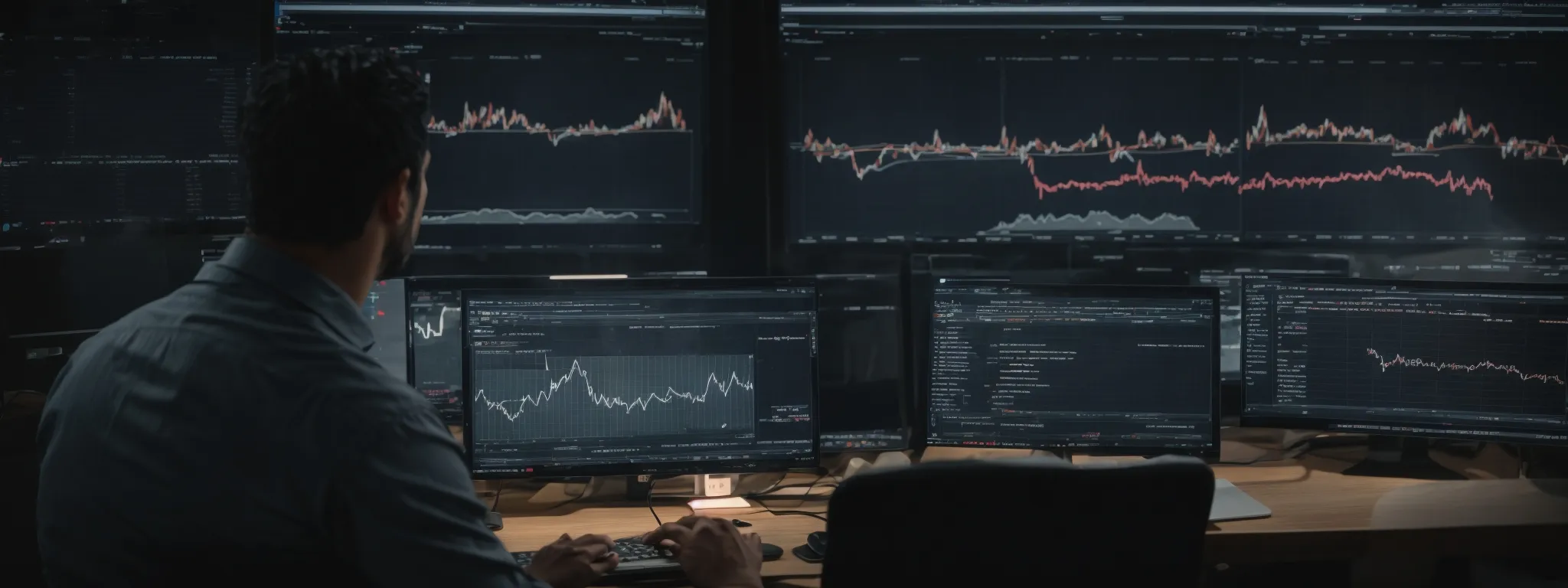 a business owner analyzes graphs and charts on a computer screen, reflecting website statistics and local search rankings.