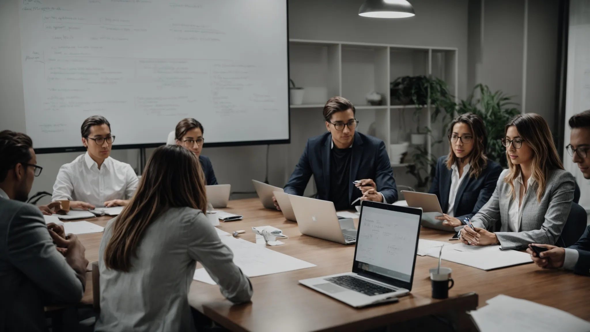 a group of professionals gathered around a table with laptops, discussing a strategy with a whiteboard outlining a pr and seo action plan in the background.