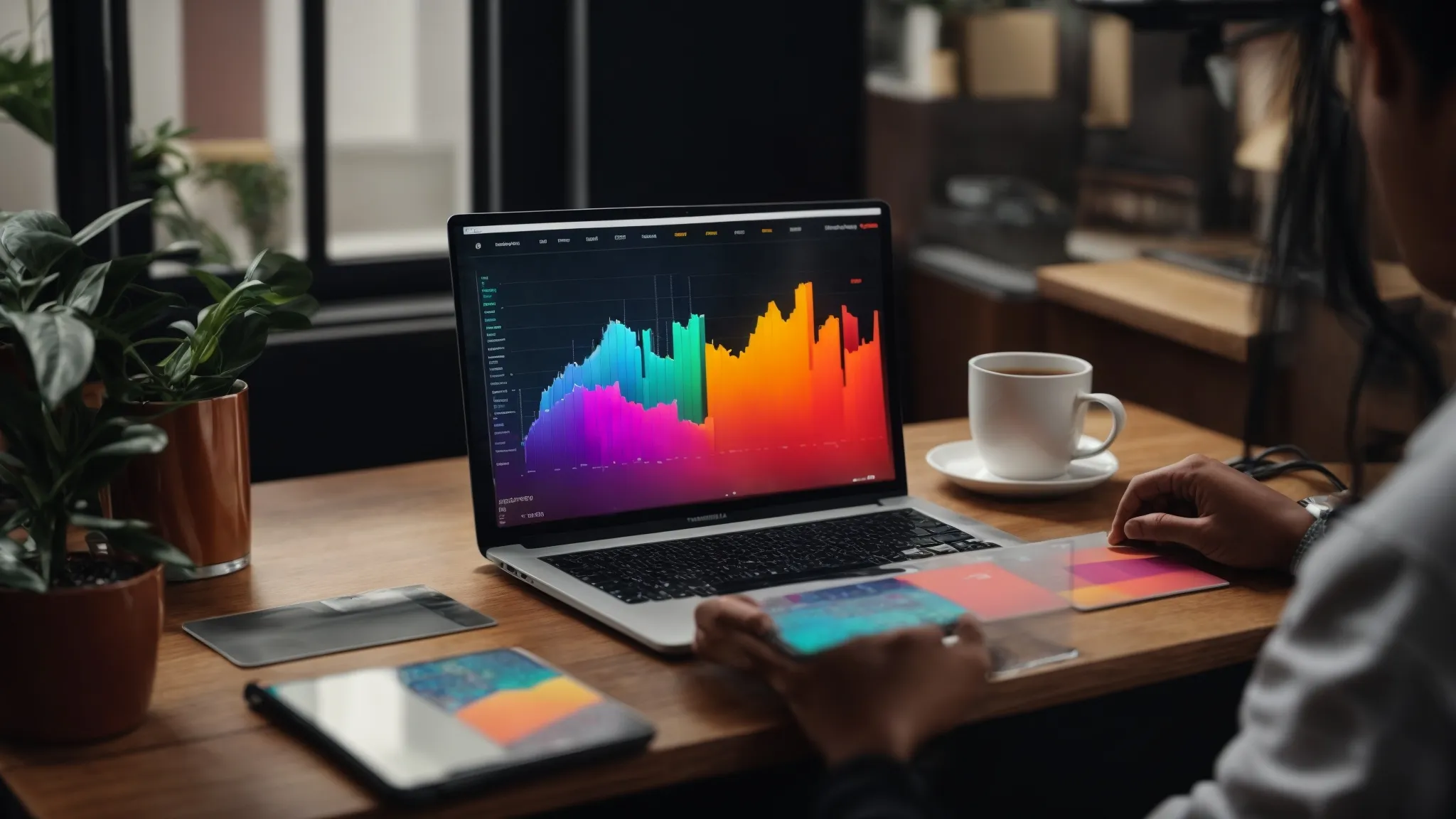a laptop on a desk displaying colorful graphs and an entrepreneur analyzing market trends on a digital tablet.