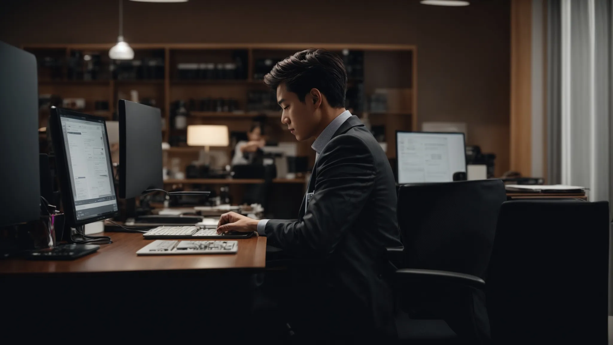 a person attentively reviewing and updating a business profile on a computer in a quiet office environment.