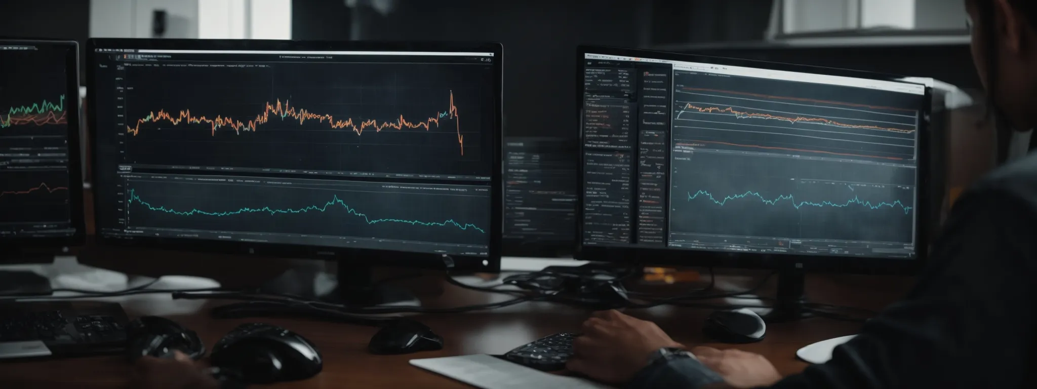 a person intently examining charts and graphs on a computer screen displaying website traffic data.