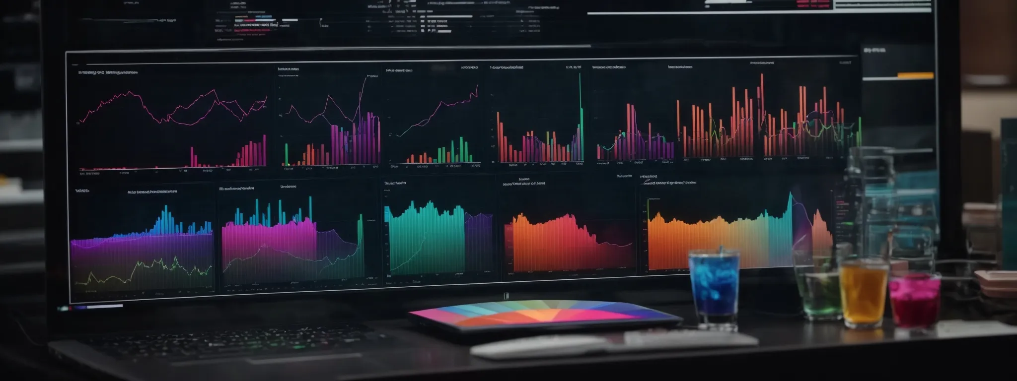 a computer screen displaying colorful graphs and charts that represent web analytics data.