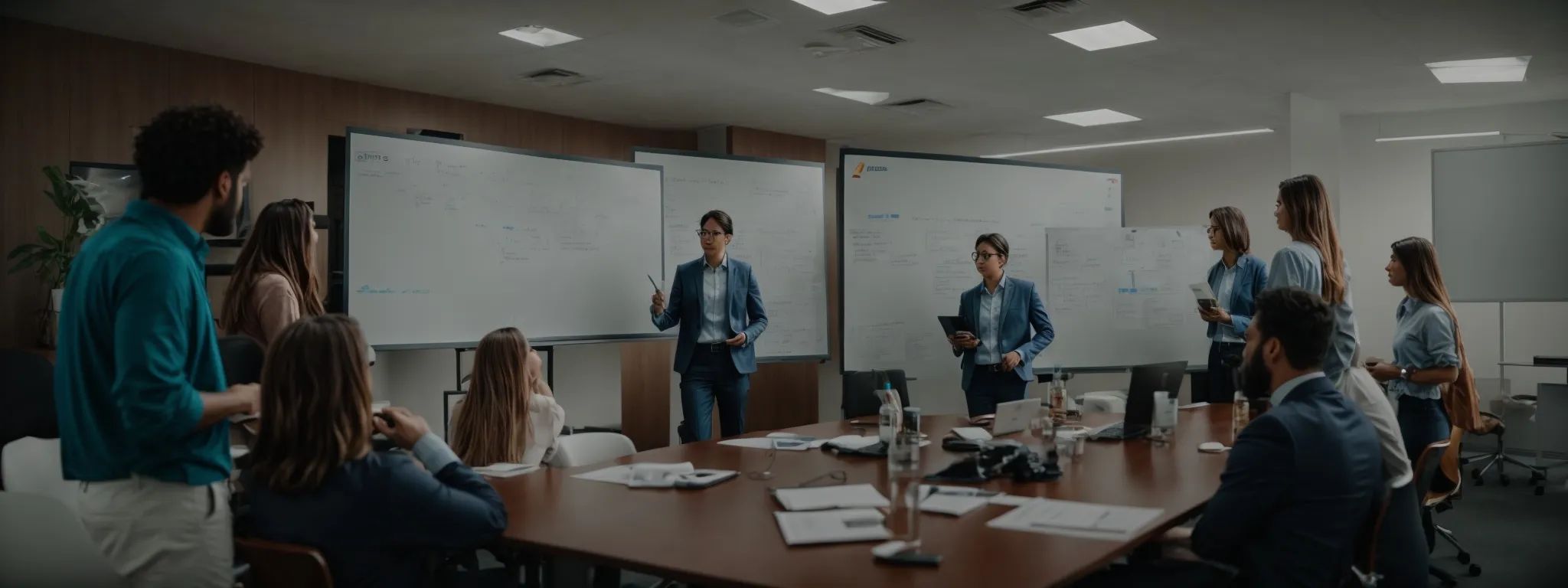 a team gathers around a conference table where an expert presents seo strategies on a whiteboard.