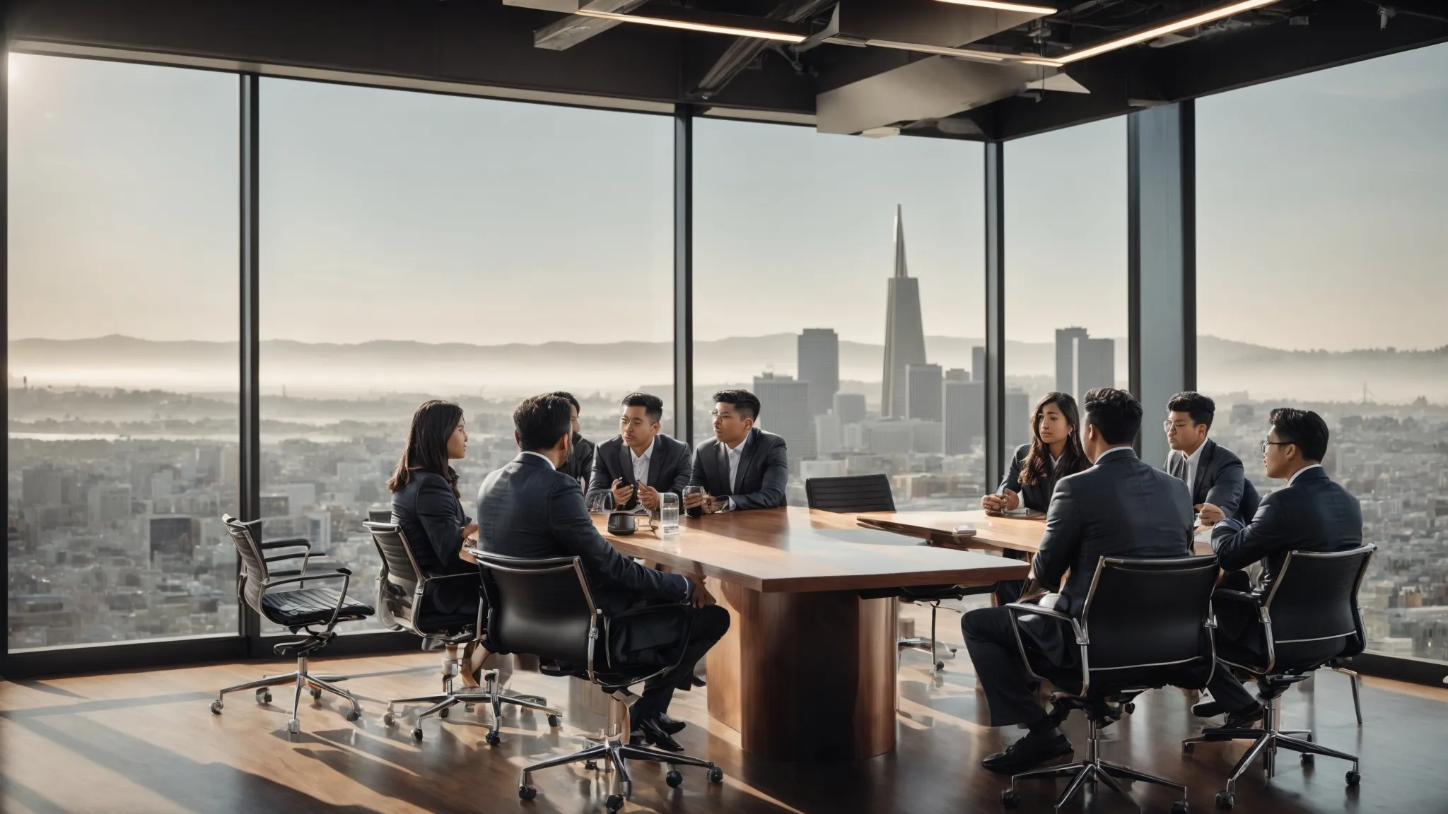 a group of professionals engages in discussion in a modern meeting space with a view of the san francisco skyline in the background.