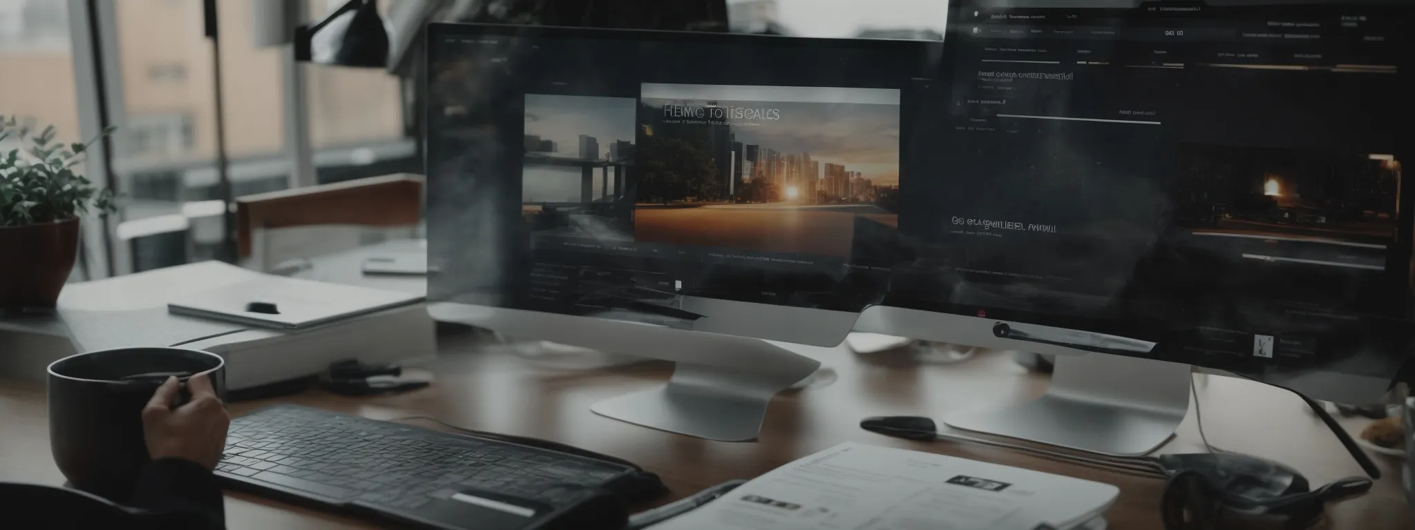 A desk with two computer monitors displaying graphic design software, a keyboard, papers, and a person holding a mug.