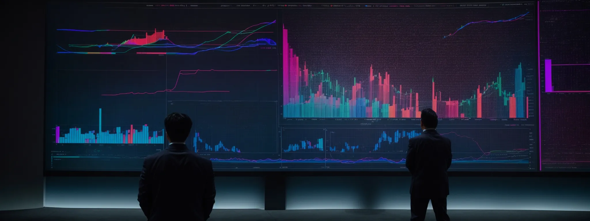 a presenter stands in front of a large screen displaying colorful data analytics charts at a technology conference.