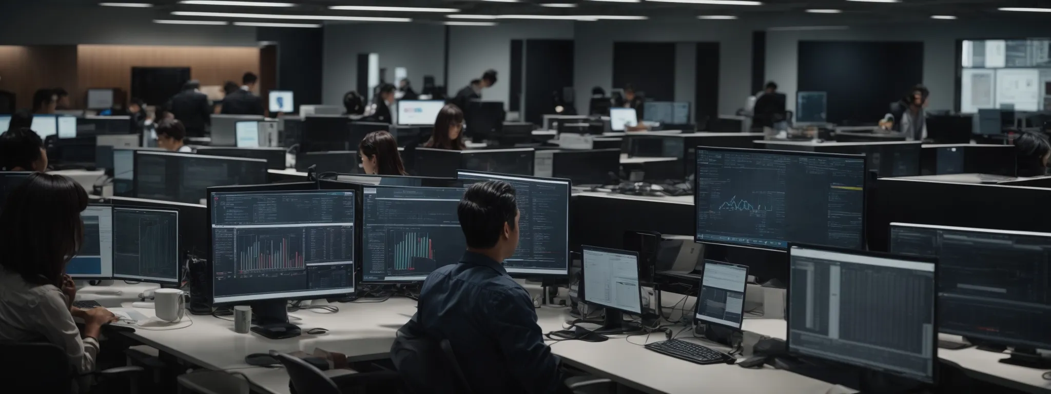 a team of professionals intently studying analytics on multiple computer screens in a modern office environment.