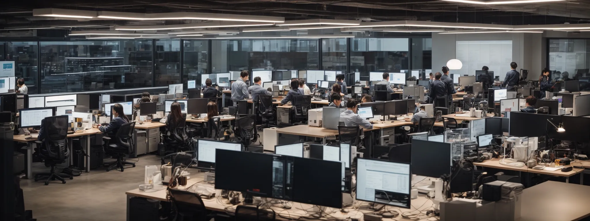 Open-plan office with numerous desks, monitors, and employees working or standing, featuring large windows and modern lighting.