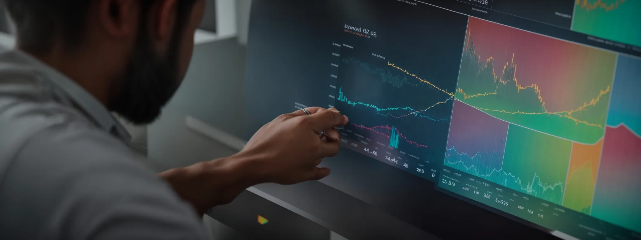 a business owner reviews a colorful graph displaying upward trends on a digital dashboard reflecting website traffic growth and serp positioning.