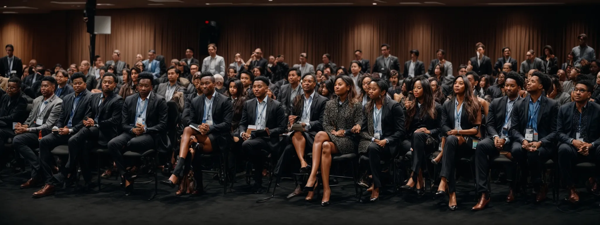 a diverse group of professionals engages in a lively panel discussion onstage at a well-attended social media marketing conference.