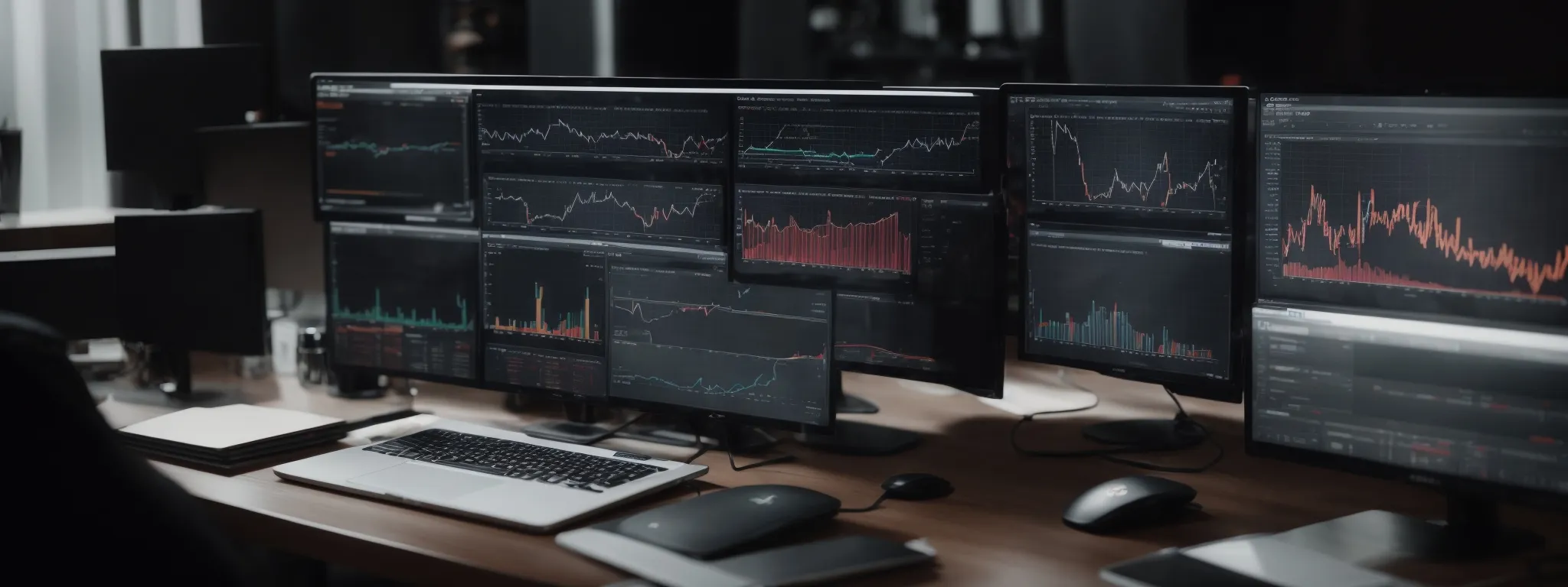 a person sitting at a modern desk with multiple device screens displaying graphs and analytics dashboards related to website performance.