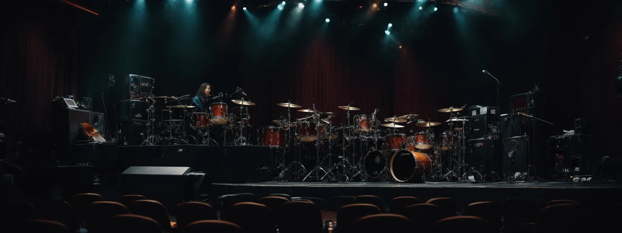 a concert stage with heavy metal band equipment but without showing any band members or logos.