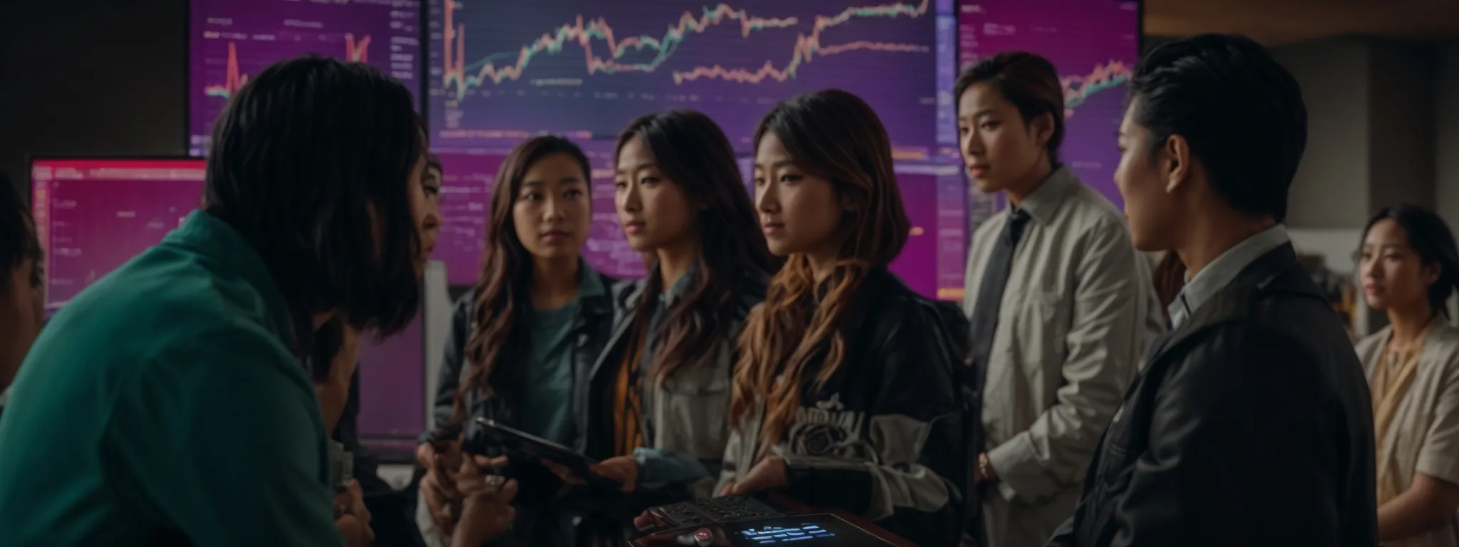 a diverse group of people gathered around a large screen displaying colorful graphs and analytics.