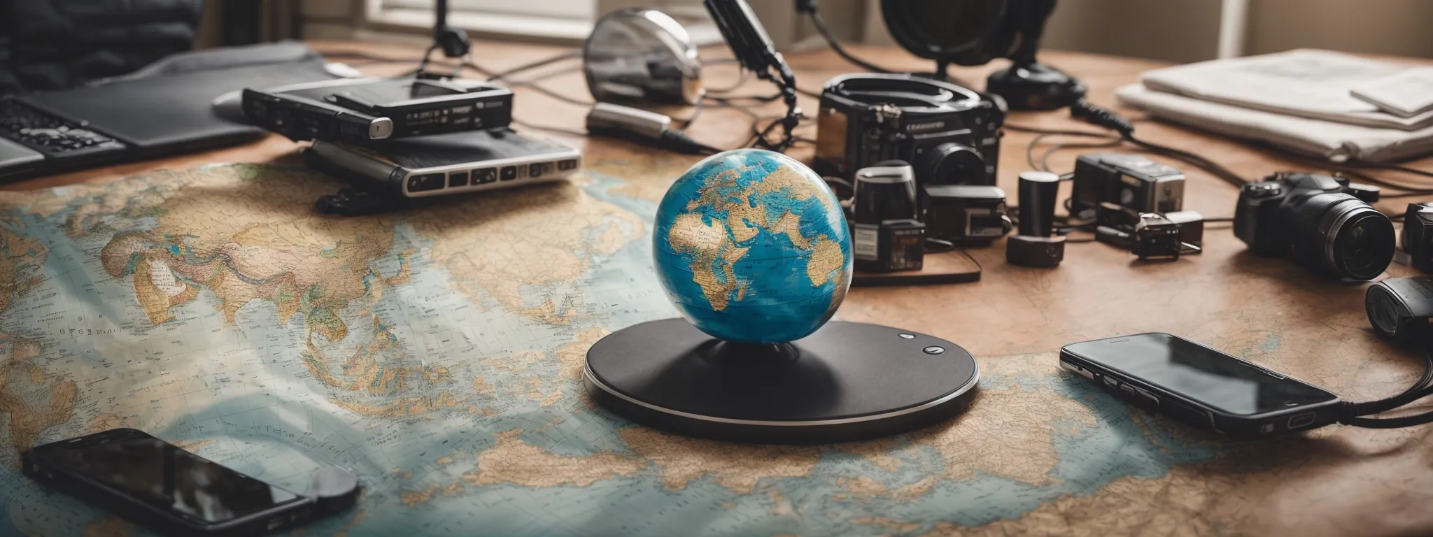 a globe surrounded by various digital devices displaying different world maps and websites, symbolizing a cross-border digital marketing strategy.