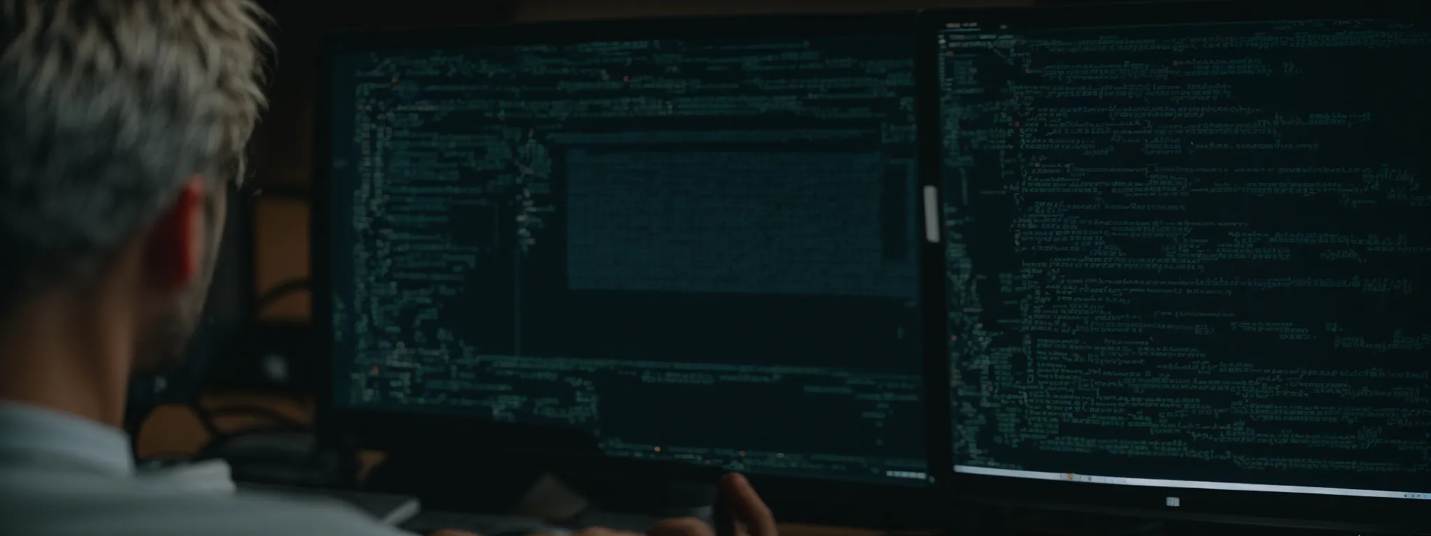 a web developer gazes at code on a computer screen, exploring dynamic website features.
