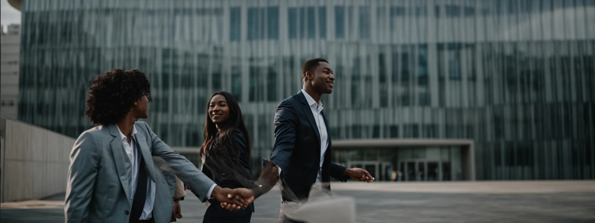 two professionals shaking hands in front of a modern office building.
