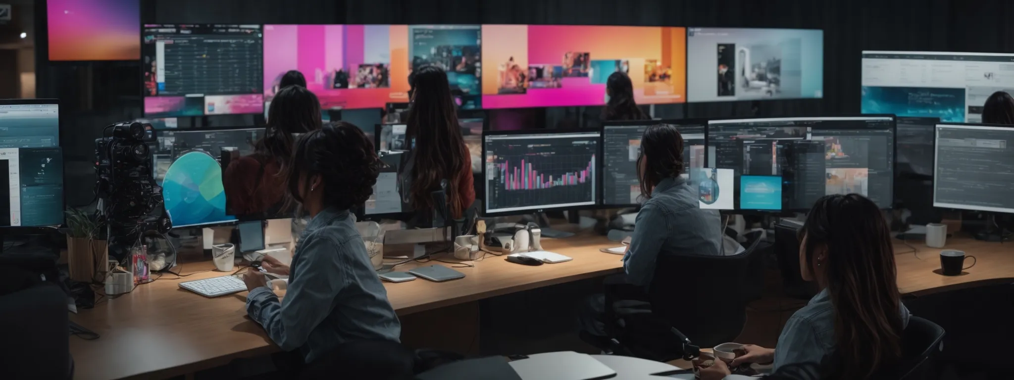 a marketing team collaborates around a computer displaying colorful social media analytics.