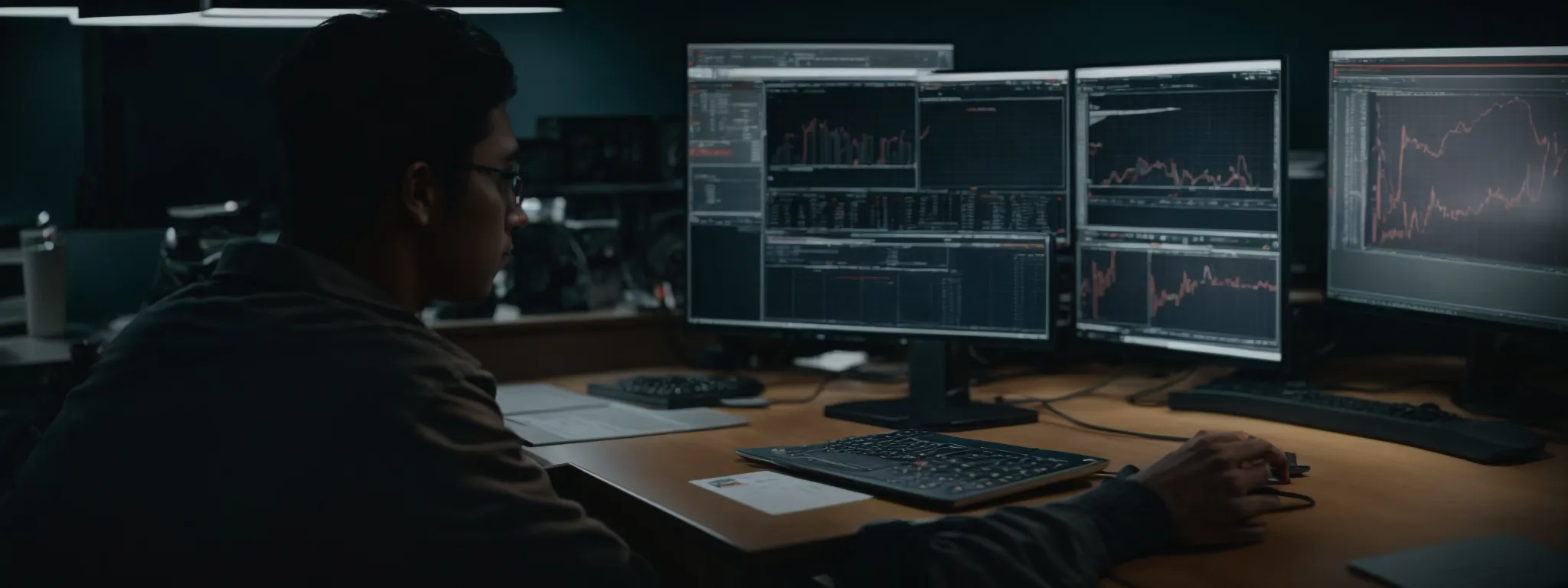 a person sitting at a computer workstation analyzing data graphs on the screen.