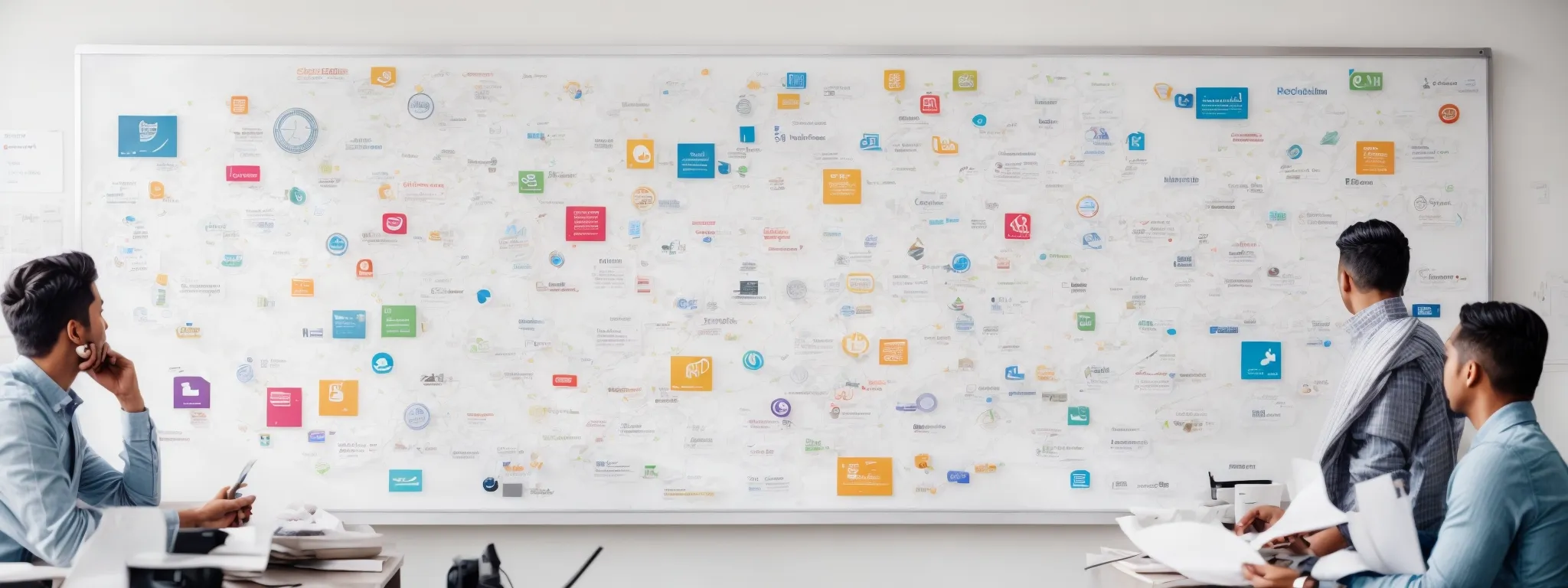 a professional brainstorming session with a cluster of website icons on a whiteboard represents marketers strategizing their LinkGraph.