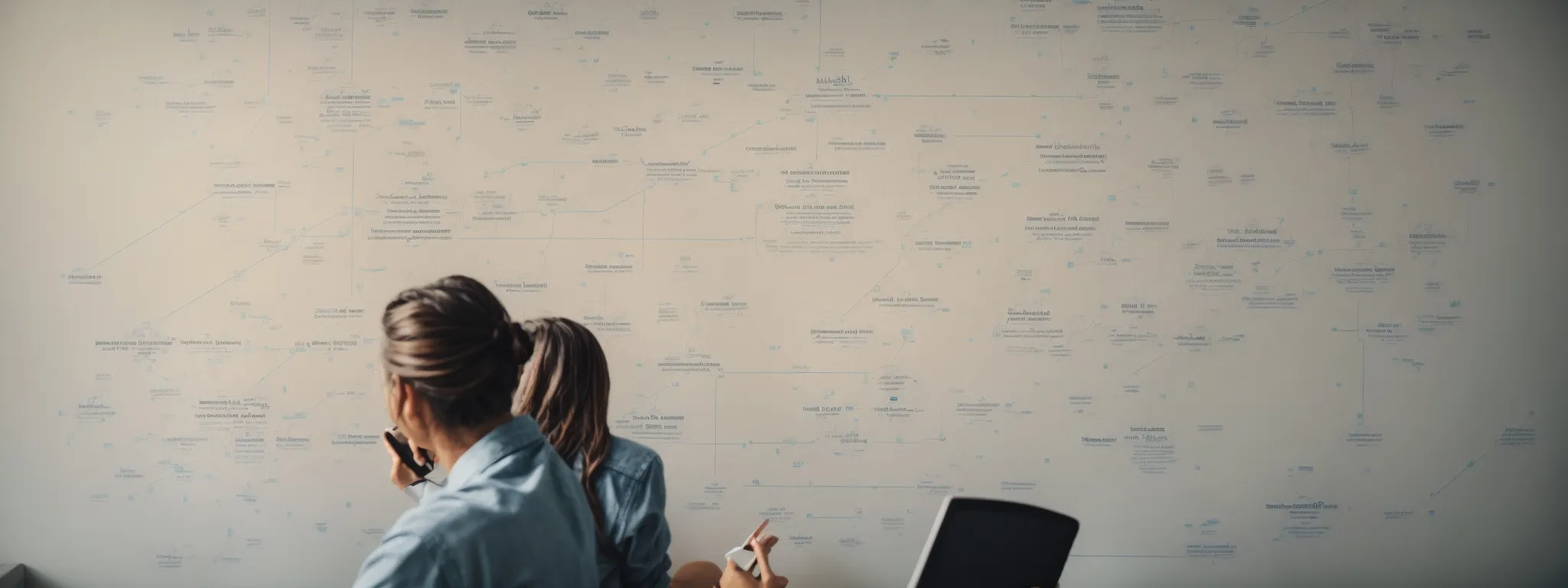 a focused individual studies a flowchart connecting various thematic bubbles depicting consumer behaviors with targeted seo strategy components.