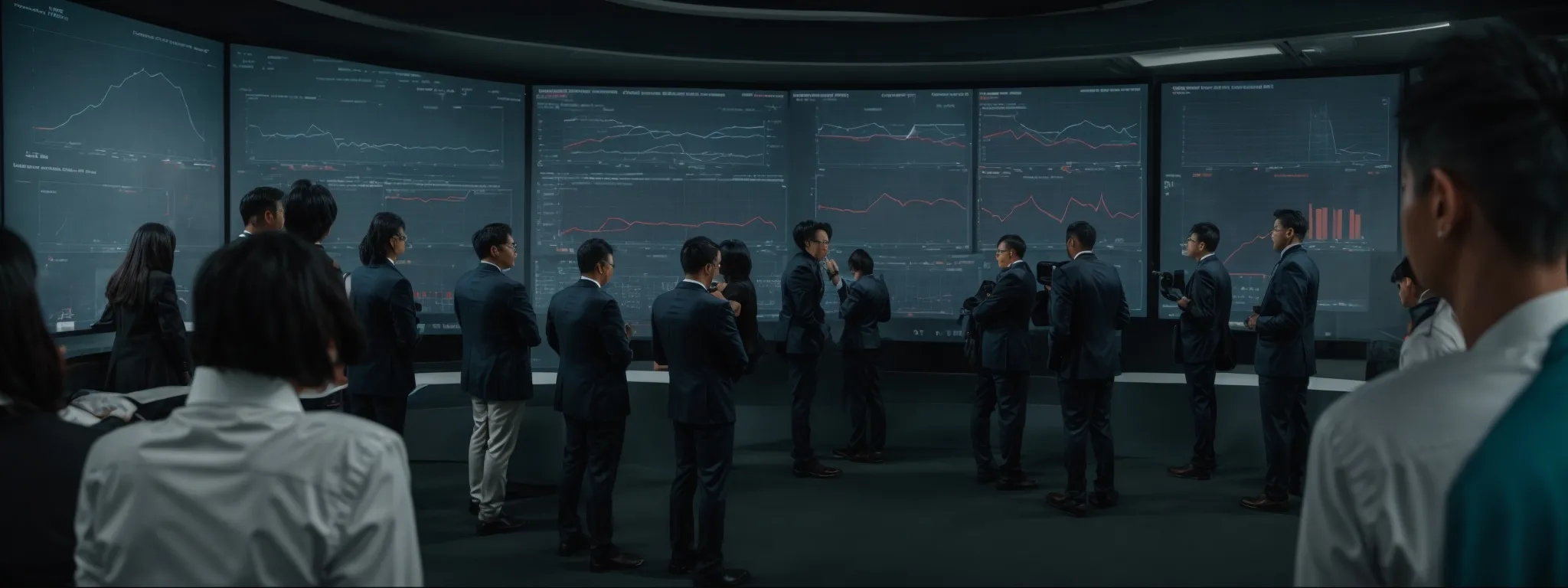 a group of professionals gather around a large digital screen showing graphs and analytics, discussing strategies.
