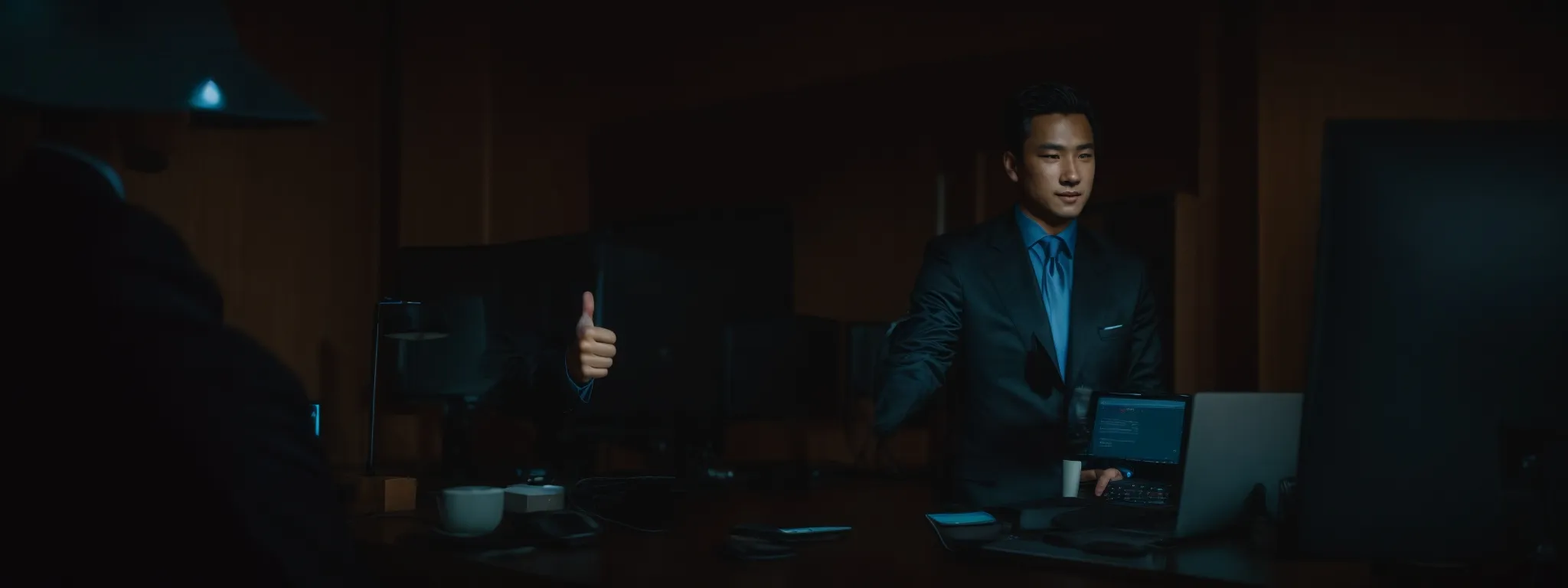A man in a suit gives a thumbs up while standing at a desk with a laptop and monitor in a dimly lit office.