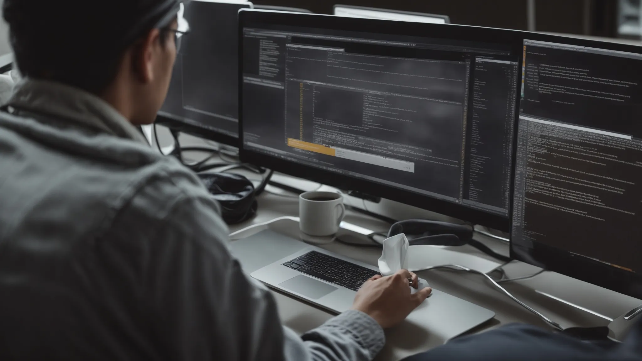 a person sits at a computer with multiple browser tabs open, illustrating research for different types of seo strategies.