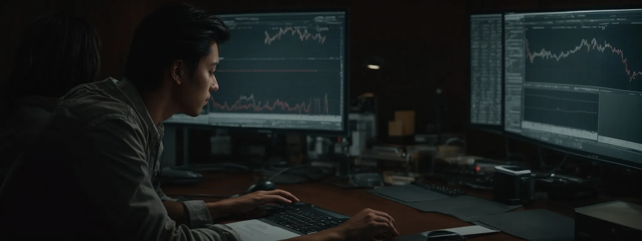 a person sits at a desk with a computer, intently analyzing data and metrics on the screen related to website performance and seo.