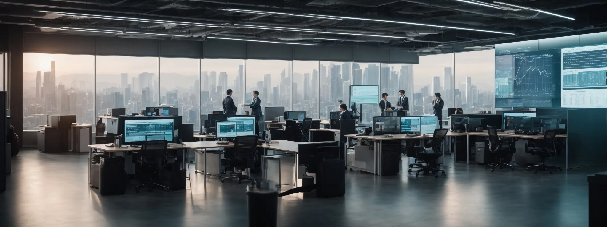 a futuristic office with a large, interactive ai interface displaying seo data analytics and trends.