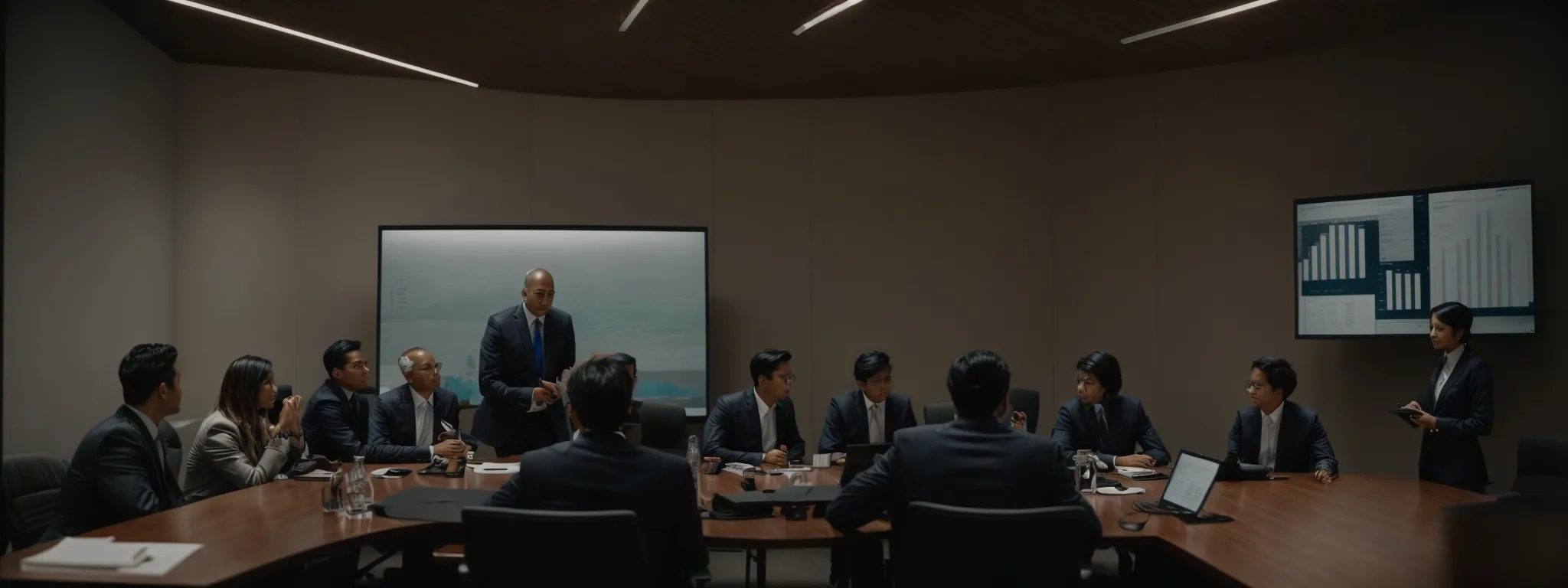 a conference room with professionals gathered around a table focusing on a laptop displaying analytics.