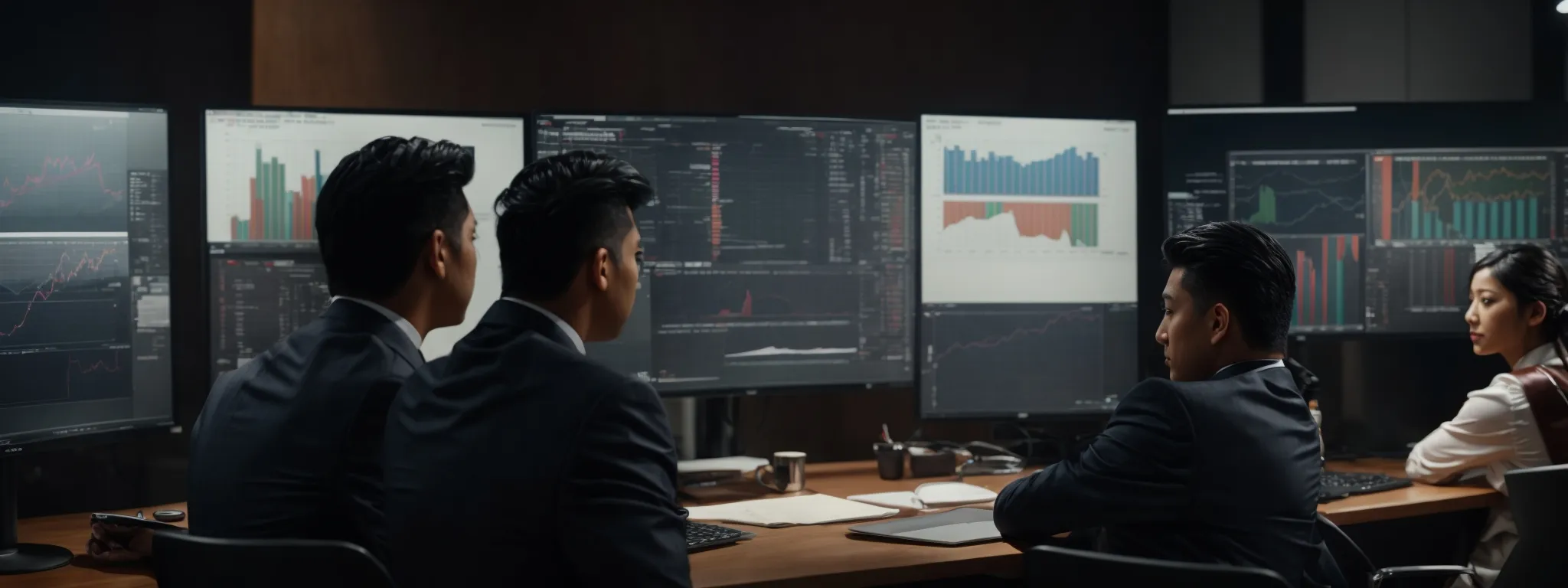 a diverse group of marketing professionals strategizing around a large monitor displaying analytics and performance metrics.