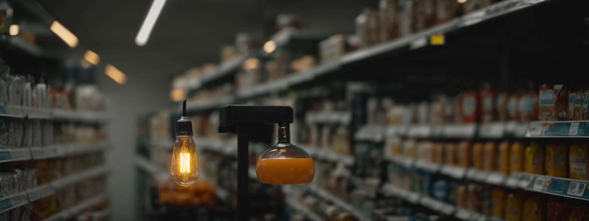 a lightbulb shining brightly over a product display in a store aisle, representing the spotlight on products in a successful seo campaign.