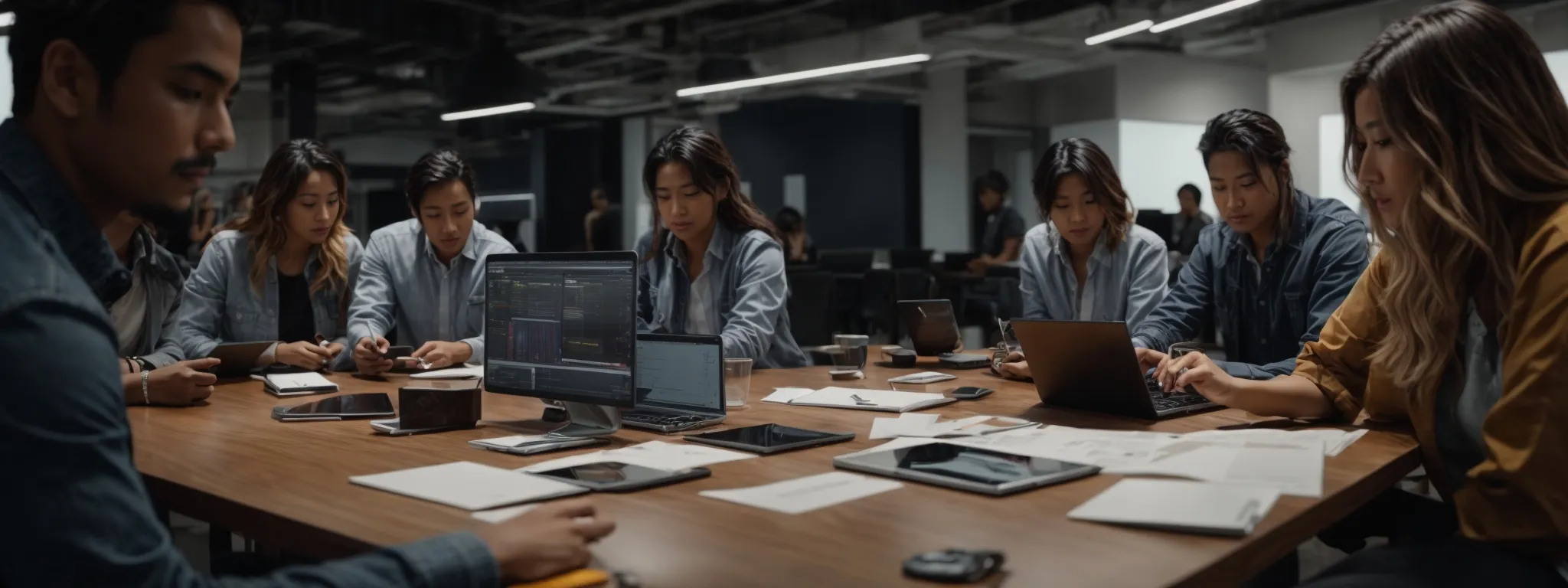 a group of diverse professionals collaboratively working around a large table with multiple digital devices, displaying graphs and social media interfaces.