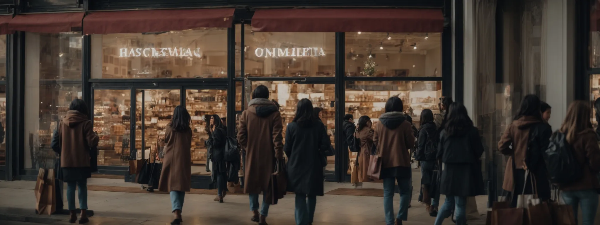 a bustling e-commerce storefront with shoppers clicking on products optimized to appear at the top of search engine results.