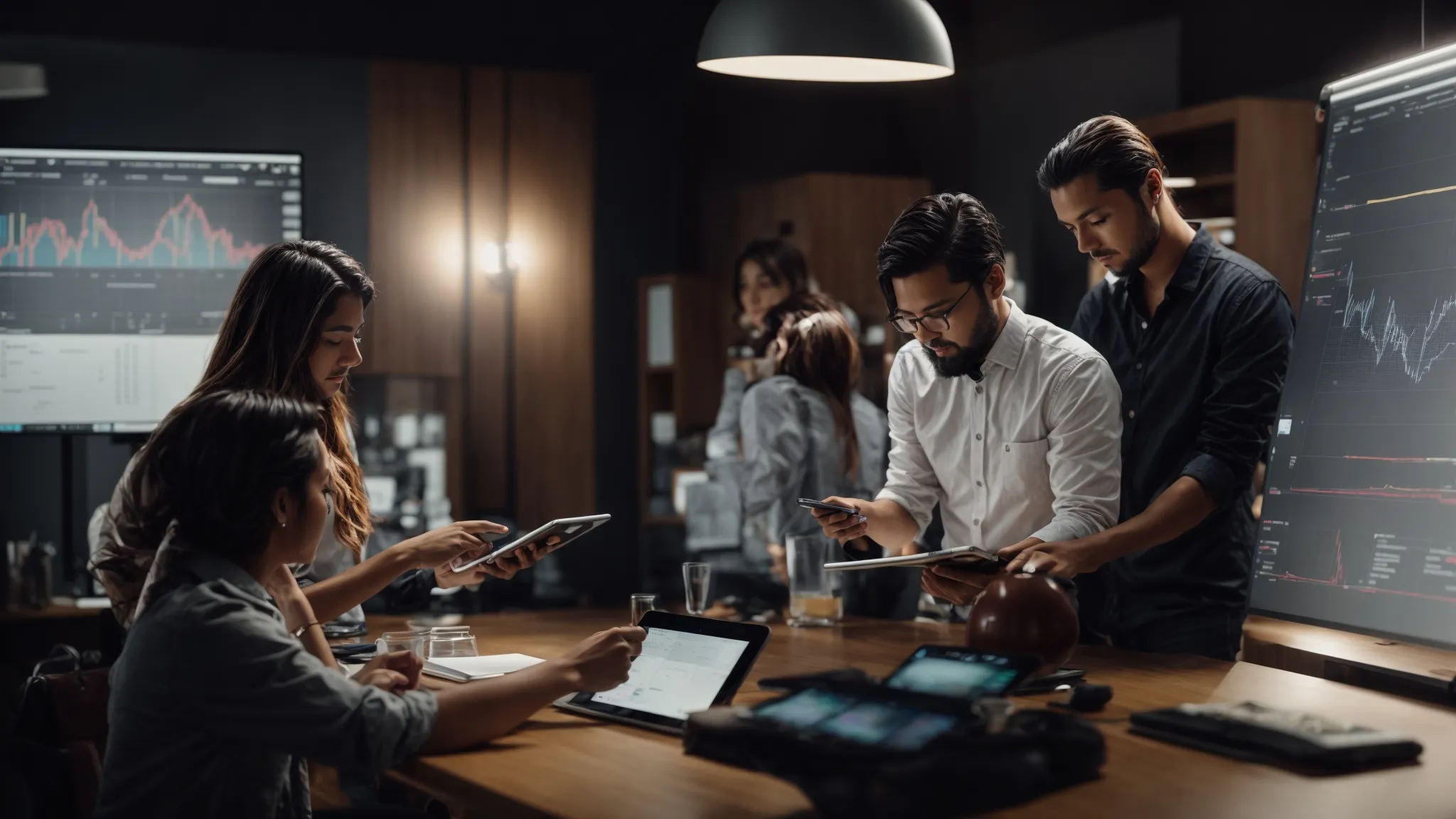 a group of creative professionals brainstorm around a digital tablet with dynamic graphs and charts displayed.