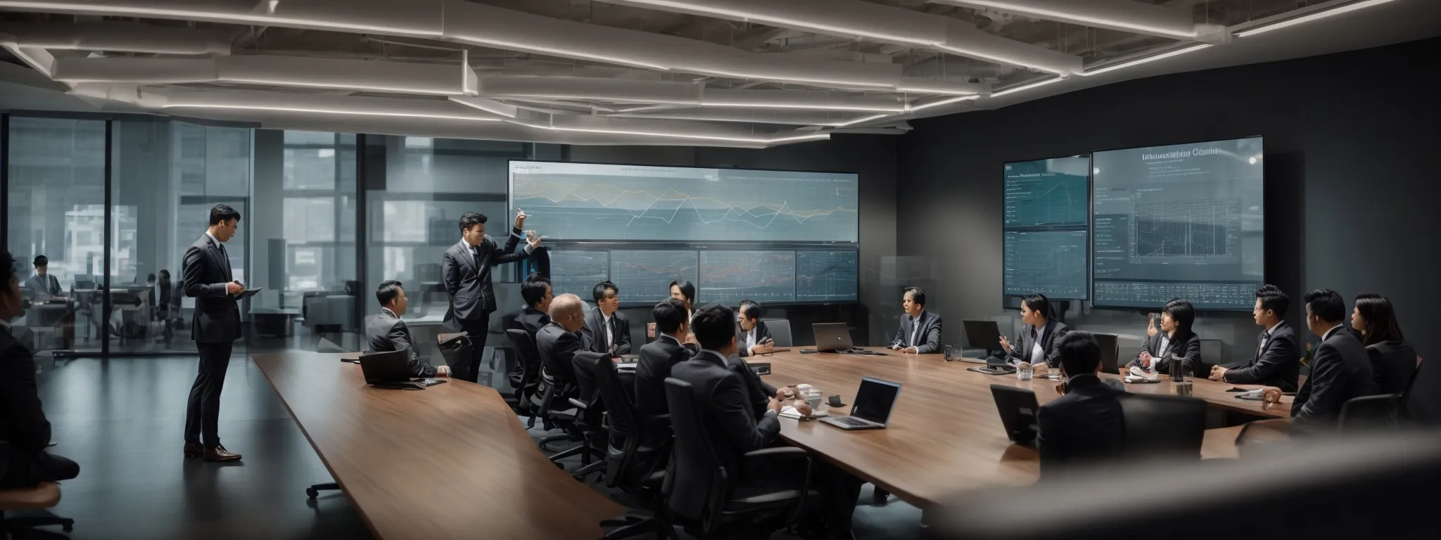 a strategic meeting in a modern office, with marketing professionals discussing strategies around a large screen displaying content and analytics charts.