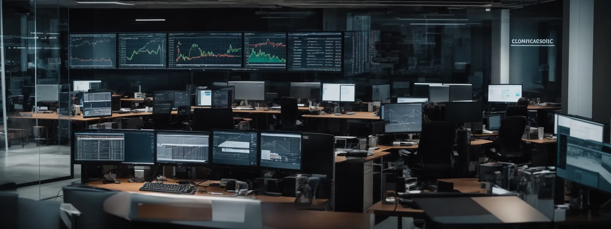 a modern office with computer screens displaying analytics and graphs, reflecting the dynamic world of seo strategy development.