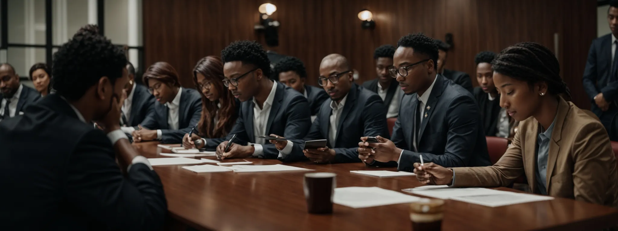 a group of diverse professionals congregates around a large conference table, reviewing documents and engaging in a focused discussion about content strategies.