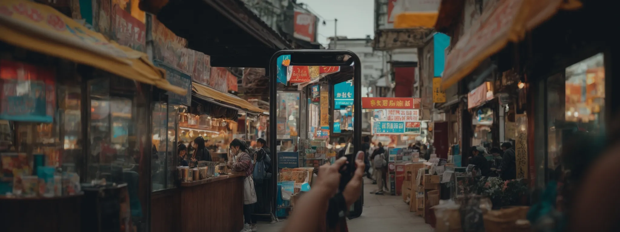 A busy street market lined with food stalls and colorful signs, with a person holding a phone in the foreground, capturing the scene.