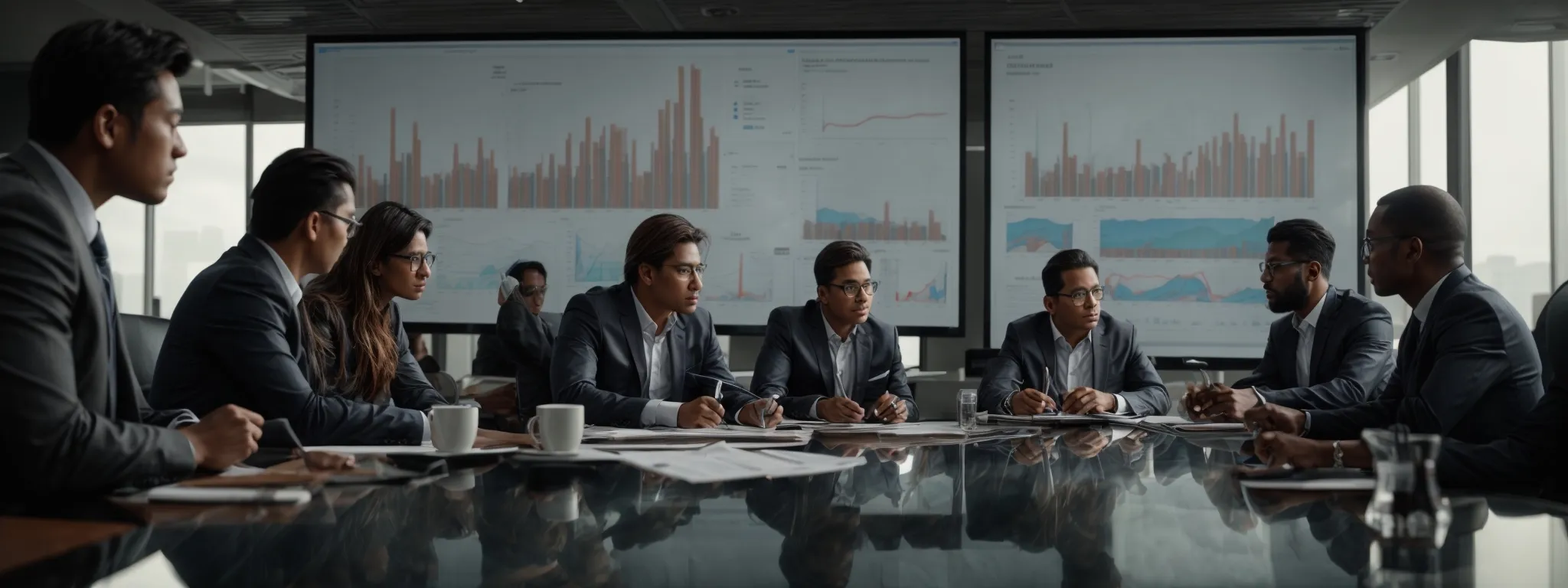 a group of focused professionals are gathered around a conference table, studying charts and graphs on a large screen depicting financial data analyses.
