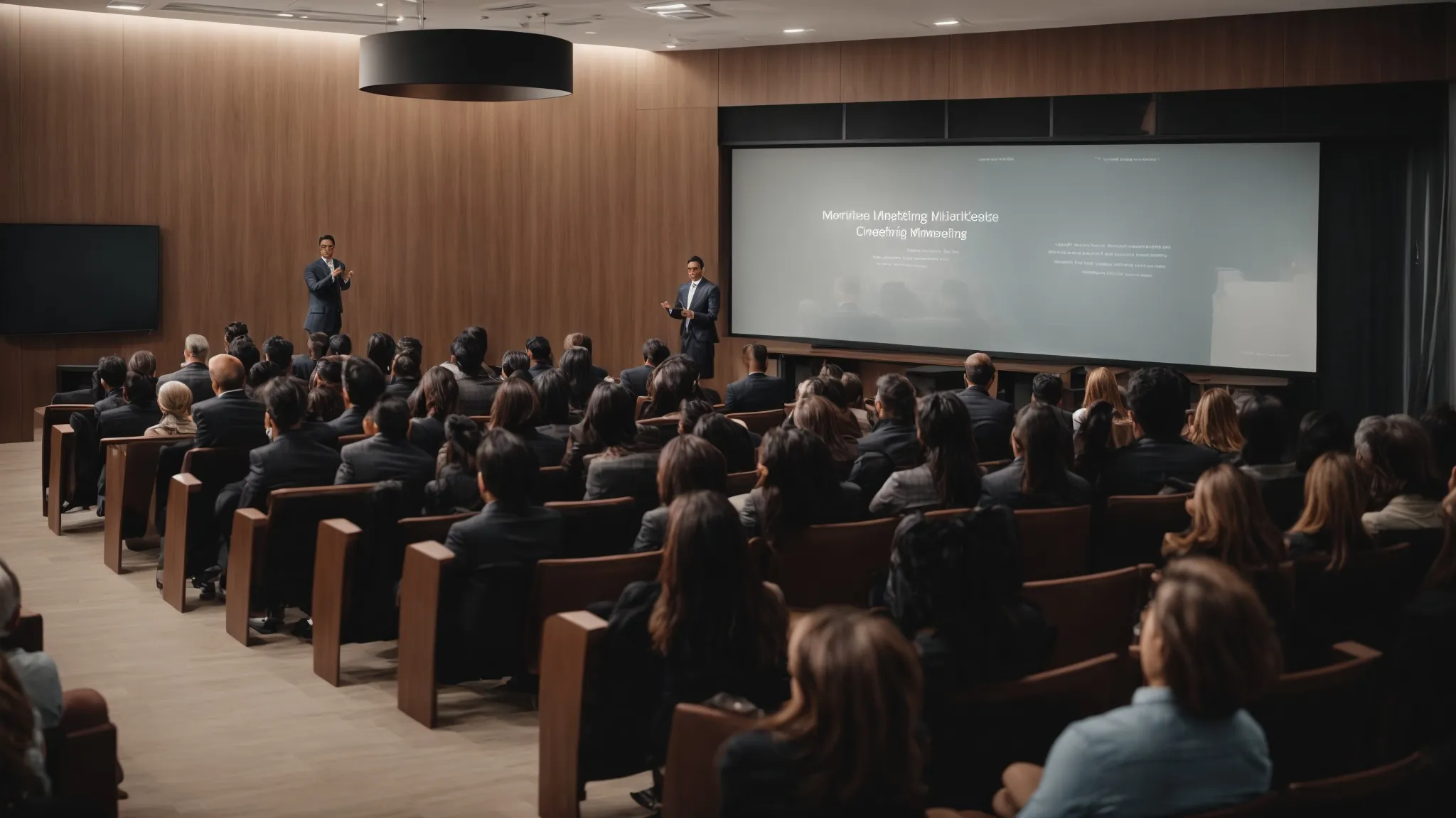 a professional speaker gives a lecture on digital marketing trends to an attentive audience in a modern conference room.
