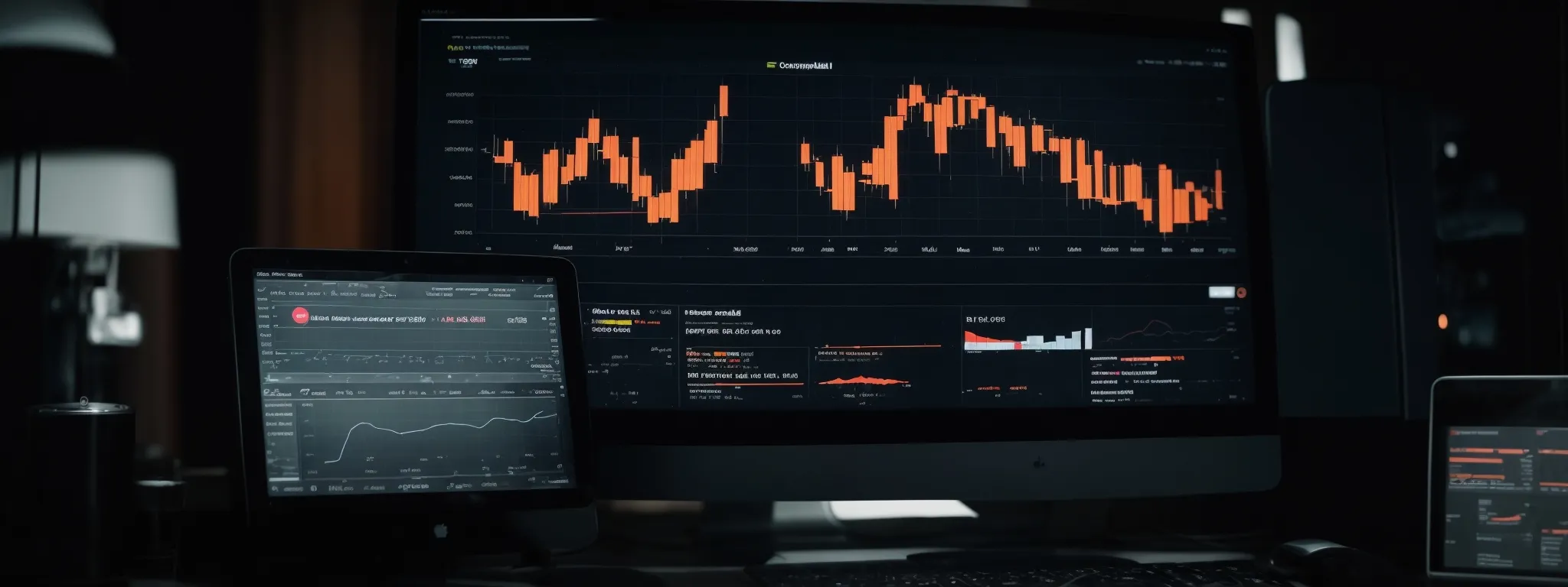 Multiple screens display financial charts and graphs with dark-themed interfaces, including a prominent bar chart and line graphs showing market trends and data analysis.