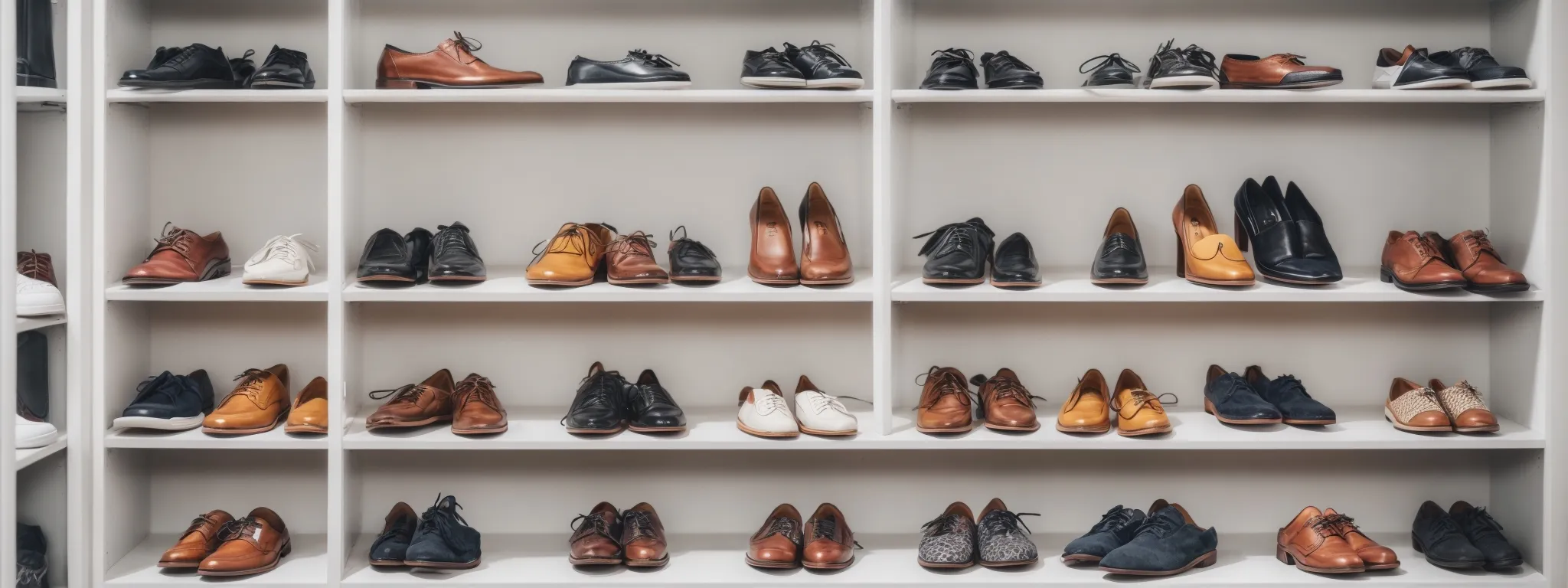 a collection of identical shoes in various colors neatly displayed on a white shelf.