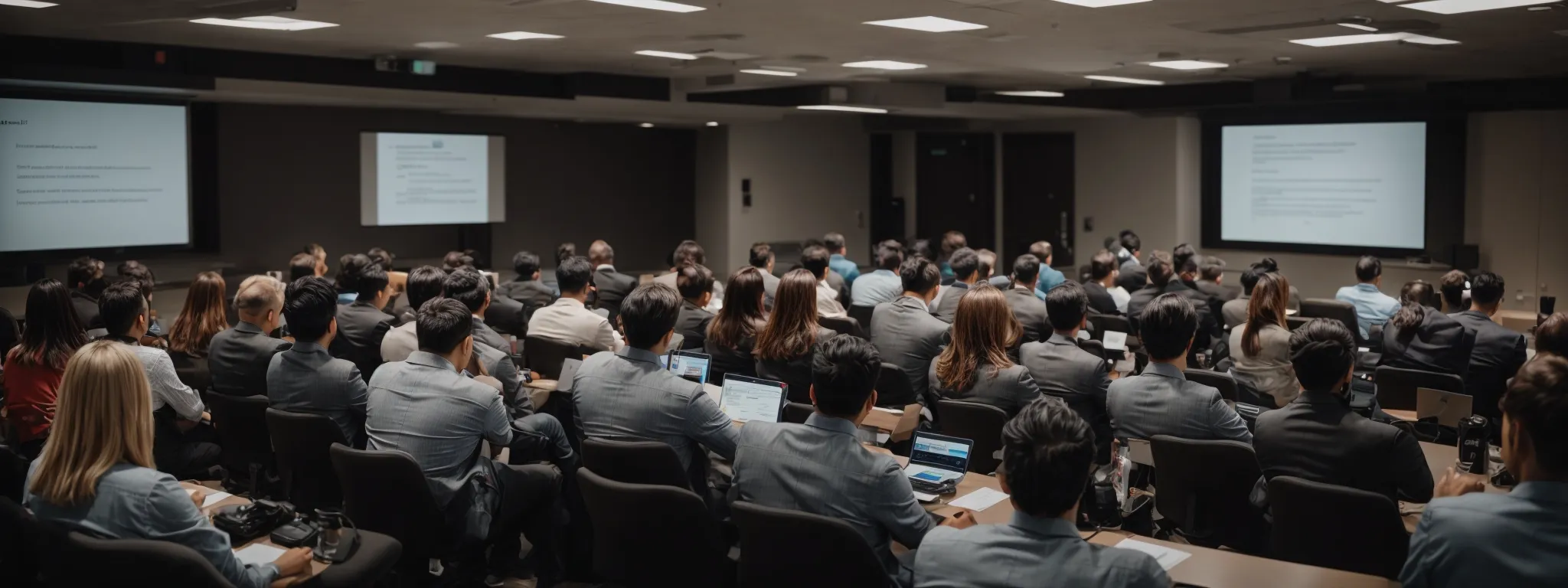 a professional delivering an seo workshop with a focus on structured data while a group of attentive listeners take notes.