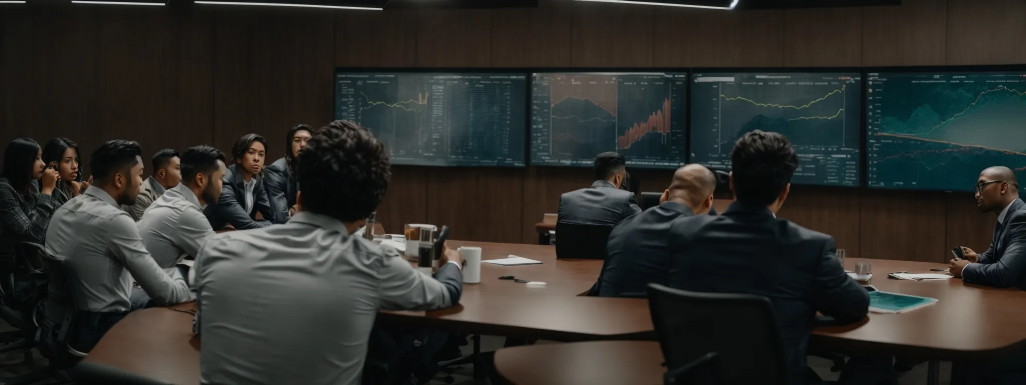 a group of focused individuals gather around a conference table, intently studying and discussing strategies displayed on a large screen at an seo workshop.