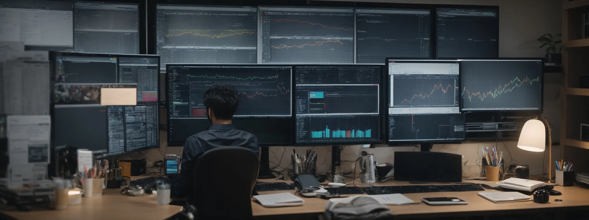 a person sits at a desk with multiple monitors displaying data analytics and a web development interface, surrounded by marketing books and a whiteboard filled with strategies.