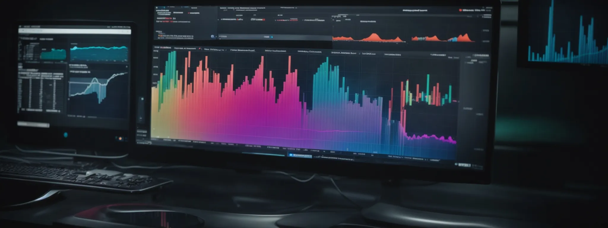 a computer screen displaying colorful analytics graphs with a magnifying glass hovering over search results.