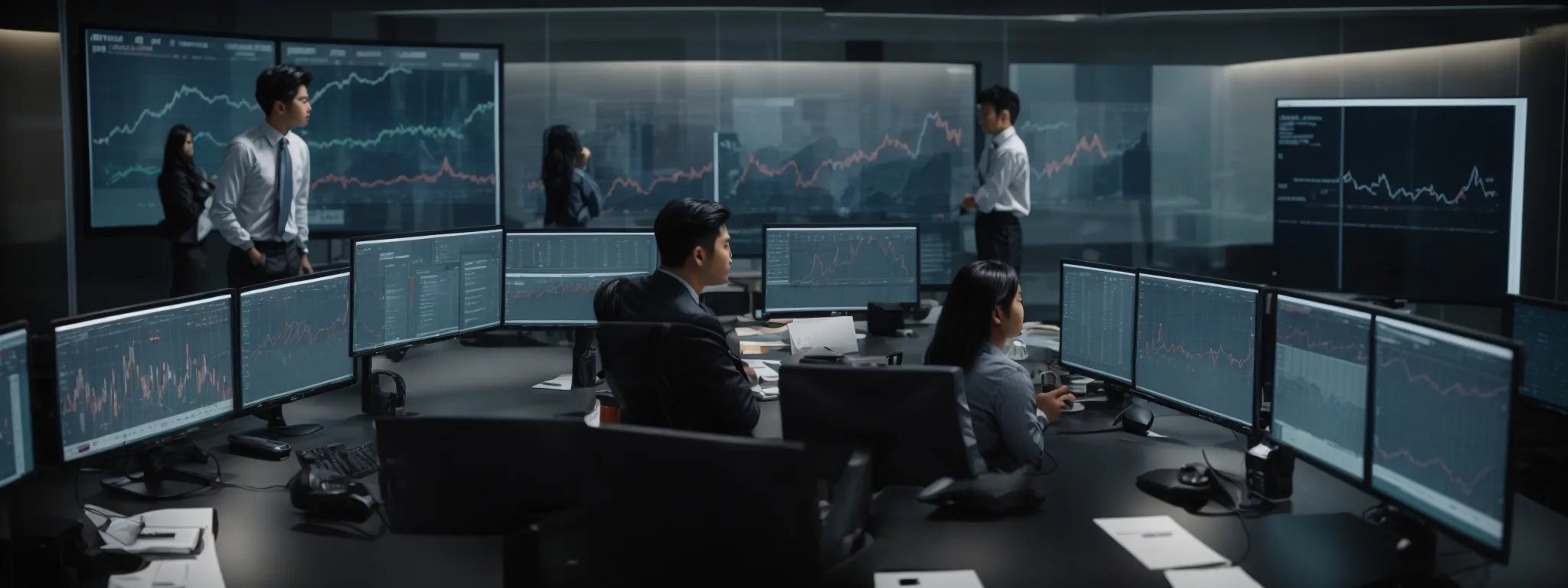 a group of professionals actively engaged around a conference table with multiple computer screens displaying data charts and analytics.
