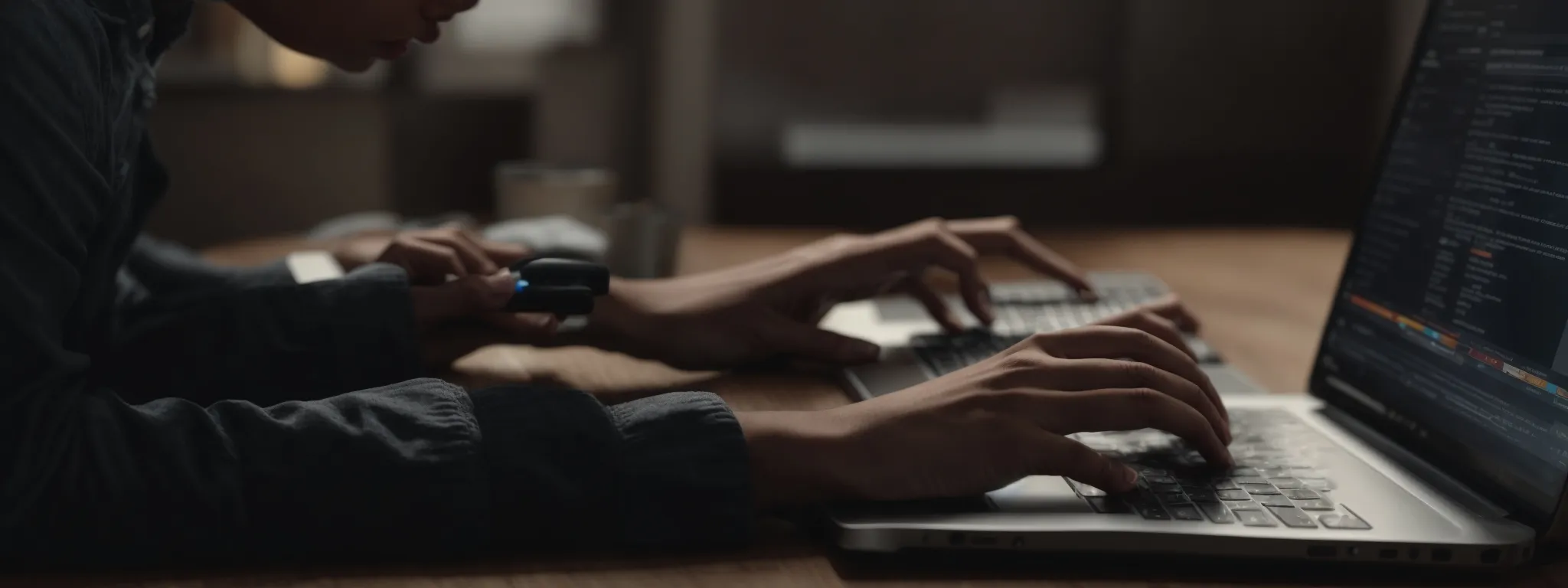 a person typing on a laptop, optimizing website content with open analytic tools in the background.